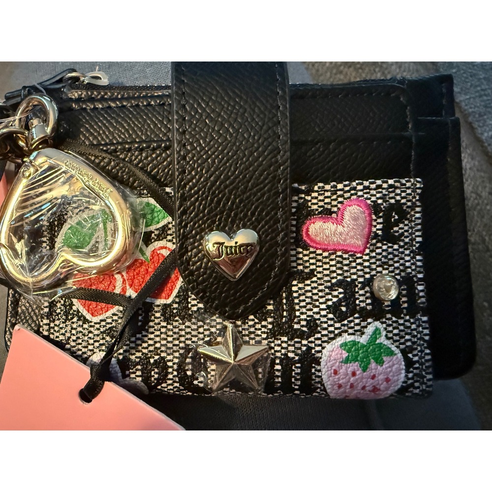 Juicy Couture Card Case Wallet Black Jacquard Logo Strawberry Heart Keychain NWT